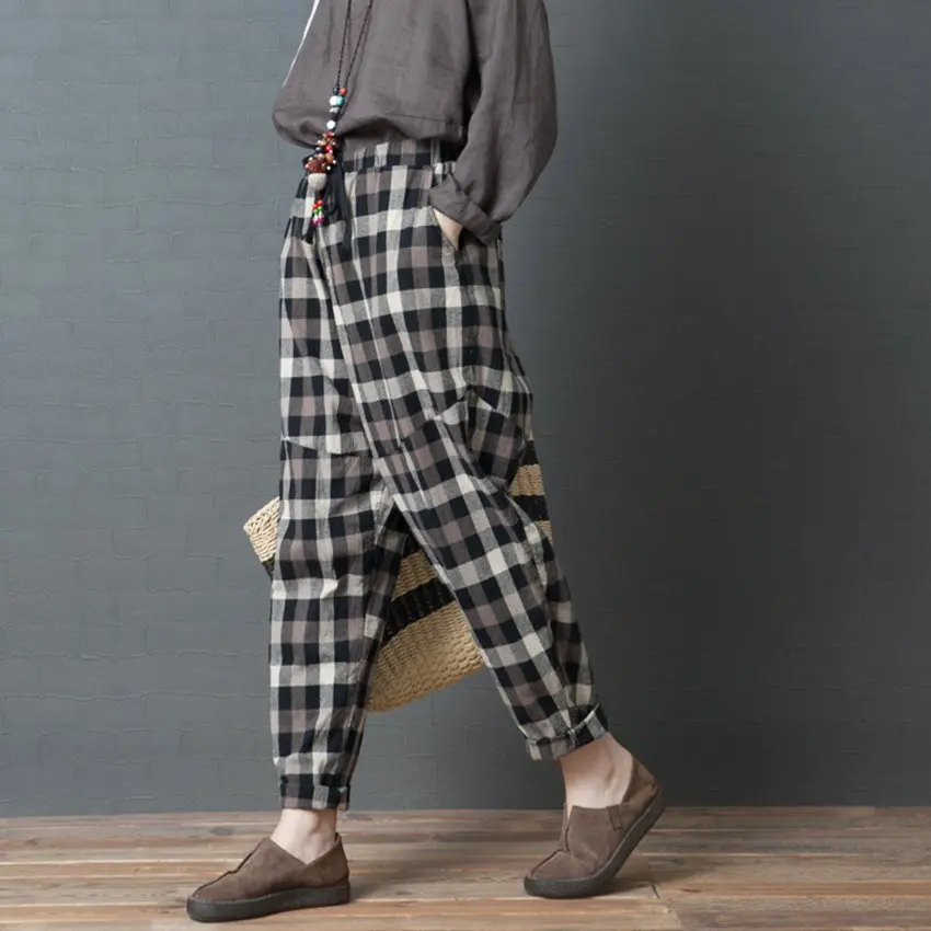 Mferlier осенние штаны-шаровары в винтажном стиле с эластичной талией, свободные клетчатые женские брюки, 2 цвета, большие женские широкие брюки - Цвет: Черный