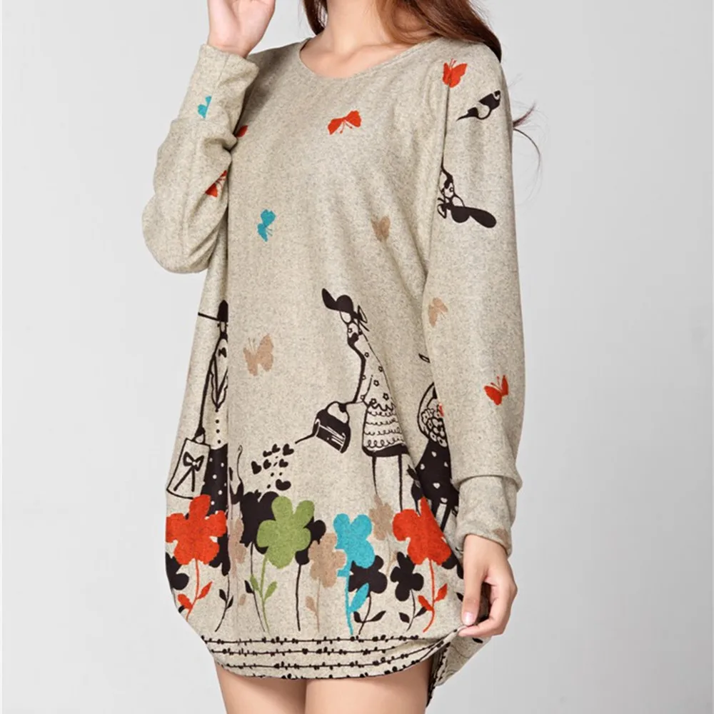 L-5XL размера плюс зимний осенний Женский Повседневный свитер с длинным рукавом Свободный пуловер с тигровым цветочным принтом свободная туника