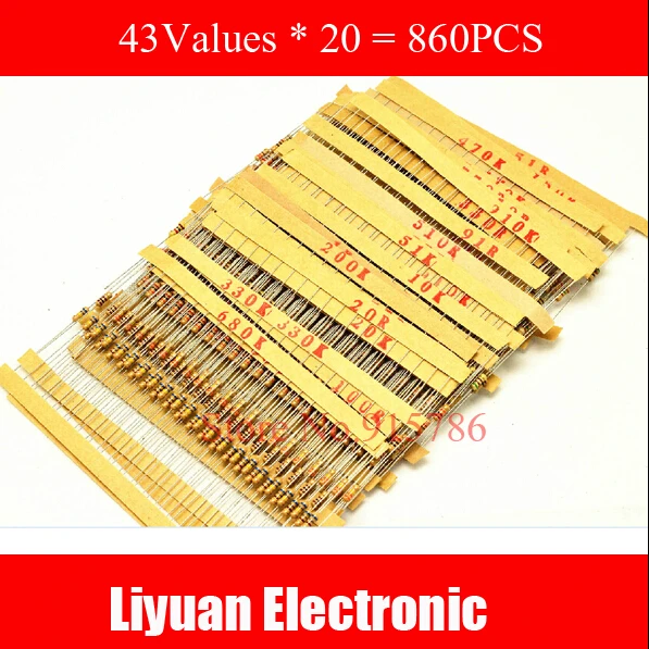 

860pcs 1 / 4w 0.25w 5% Carbon Film Resistor Kit 43Values Assortment / Pack / Mix / Selection (1R-1M)