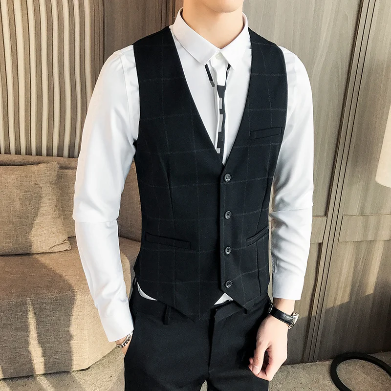 Men'S Fashion Trend Short V-Neck Single-Breasted Slim Suit Vest Party Casual Wedding High-Quality Plaid Vest Men'S Fashion Trend Short V-Neck Single-Breasted Slim Suit Vest Party Casual Wedding High-Quality Plaid Vest