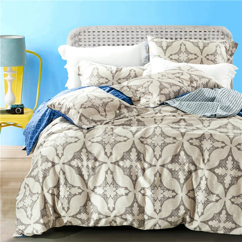 Waliicorners 4pcs 100%Cotton Printed Bedding set Button Duvet Cover set Bedsheet Pillowcases Queen King Size bed linen 58