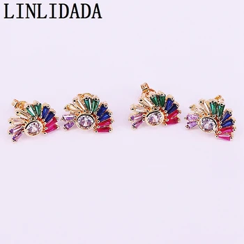 

5Pairs Multicolor Rainbow Cz Micro Pave Fashion Zirconia Earring Studs For Women Girls Gold Color Party Jewelry