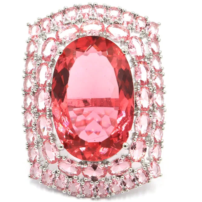 

10.0# SheCrown Long Big Heavy Pink Morganite Ladies Party Silver Ring 46x35mm