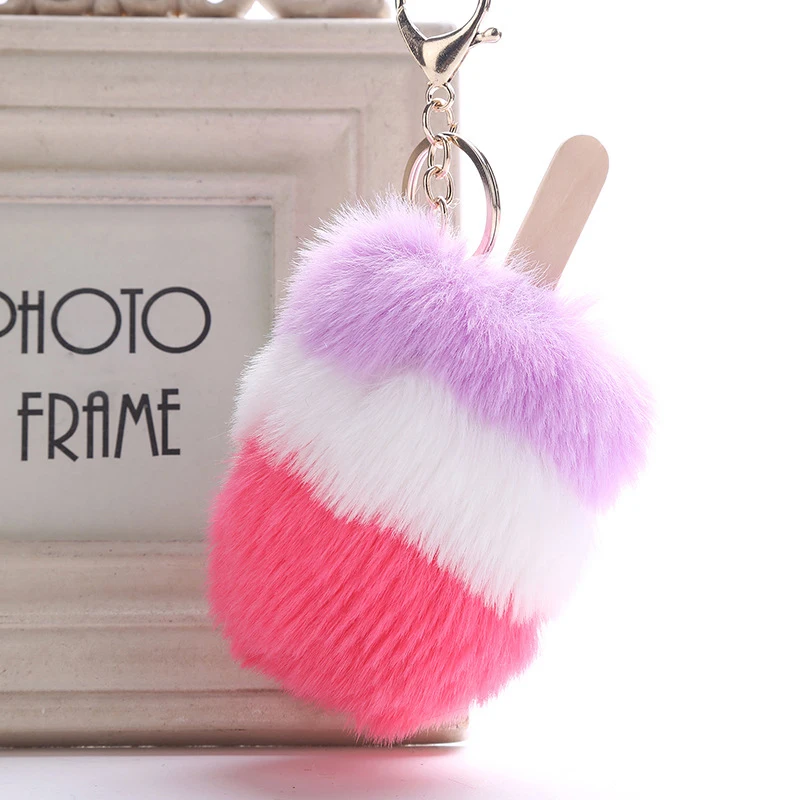 

Multicolor Fur PomPom Keychain Ice Cream Popsicle Key Chains Creative Pompon Ball KeyRing For Girl Women Bag Car Accessories
