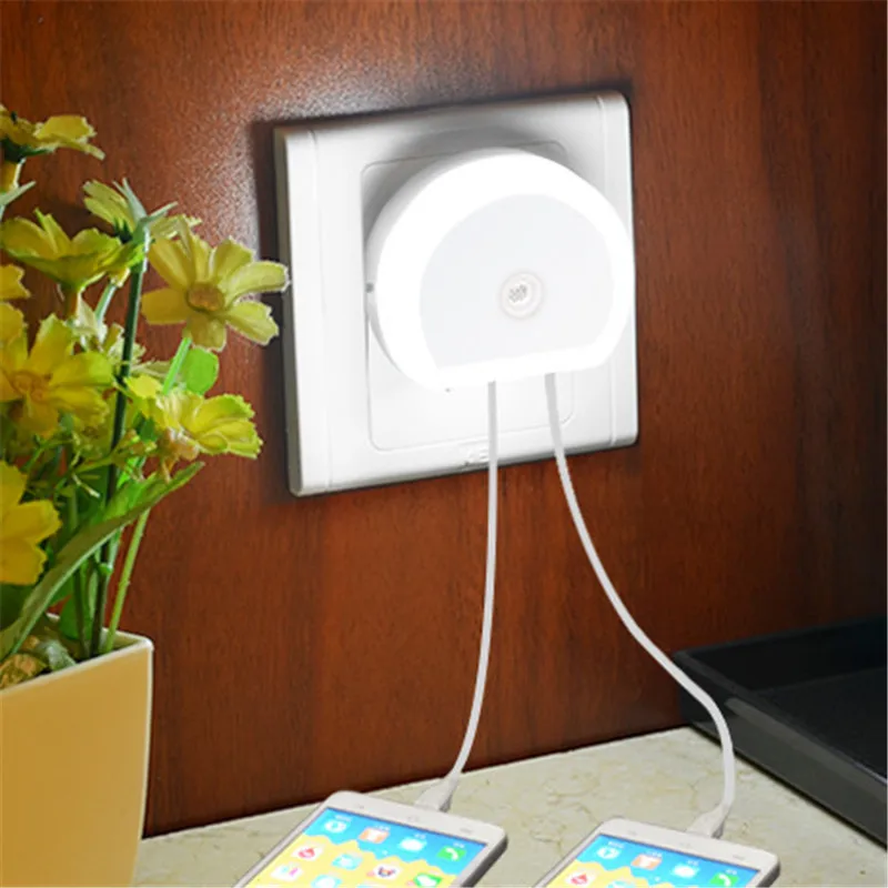 

EU US Mini led night light light sensor Switch on/off with 2 USB Charging port for moible phone Novelty lamp Bedroom AC 110-240V
