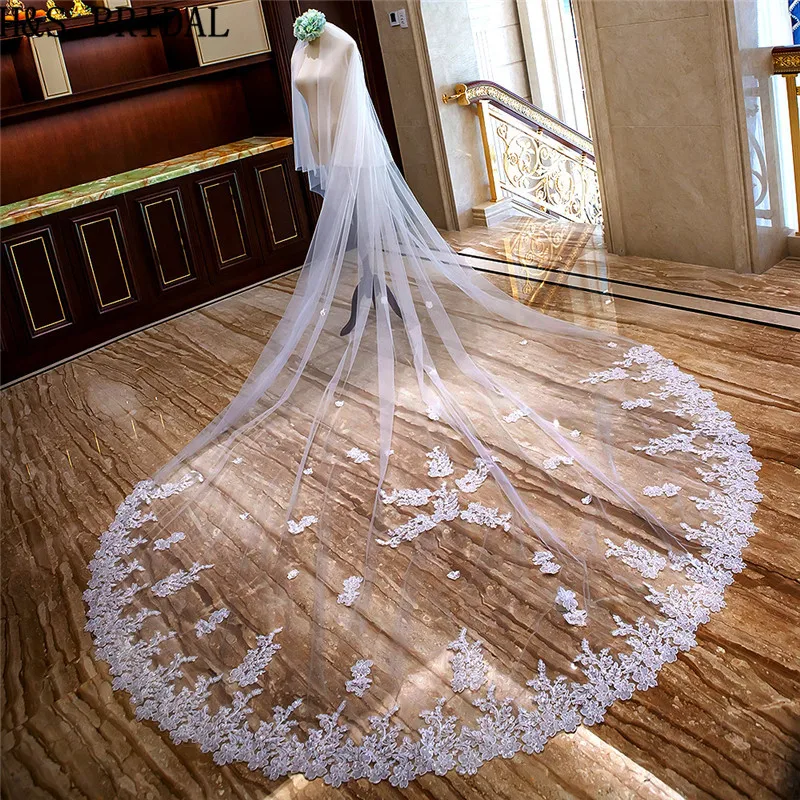 

H&S BRIDAL 3.5 Meters Cathedral Wedding Veils Long Lace Applique Bridal Veil with Comb Wedding Accessories Bride Veu 2019