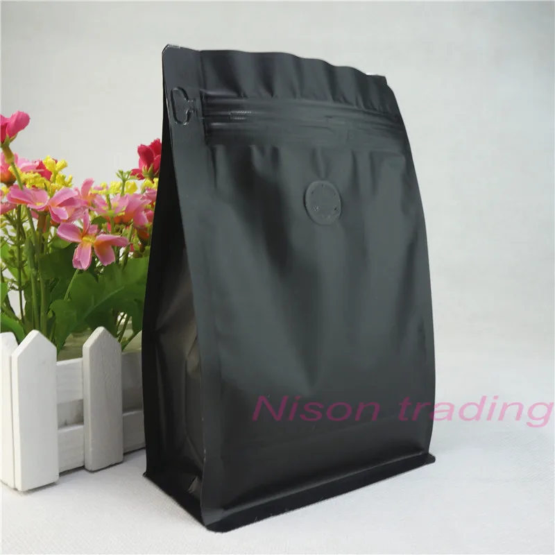 

13x20cm Black Coffee bean valve bag 100pcs stand up zipper bags with flat bottom Pure aluminium foil mylar with one-way-valve
