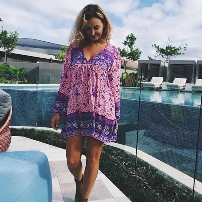 

TEELYNN floral print boho blouse chic Vinatge Shirt V-Neck tassel long Sleeve Femininas blouses Hippie TOP women blouses Blusas