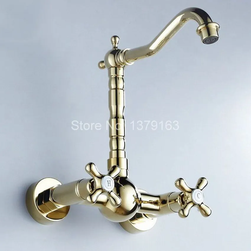 Gold Polished Brass Double Cross Handles Swivel Spout Kitchen Bathroom Tub Sink Faucet Mixer Water Taps agf054