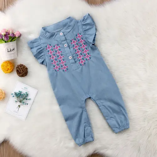 2018 جديد لطيف الطفل الفتيات الدنيم رومبير الوليد طفلة التطريز playsuit بذلة الجسم دعوى الصيف طفلة الملابس
