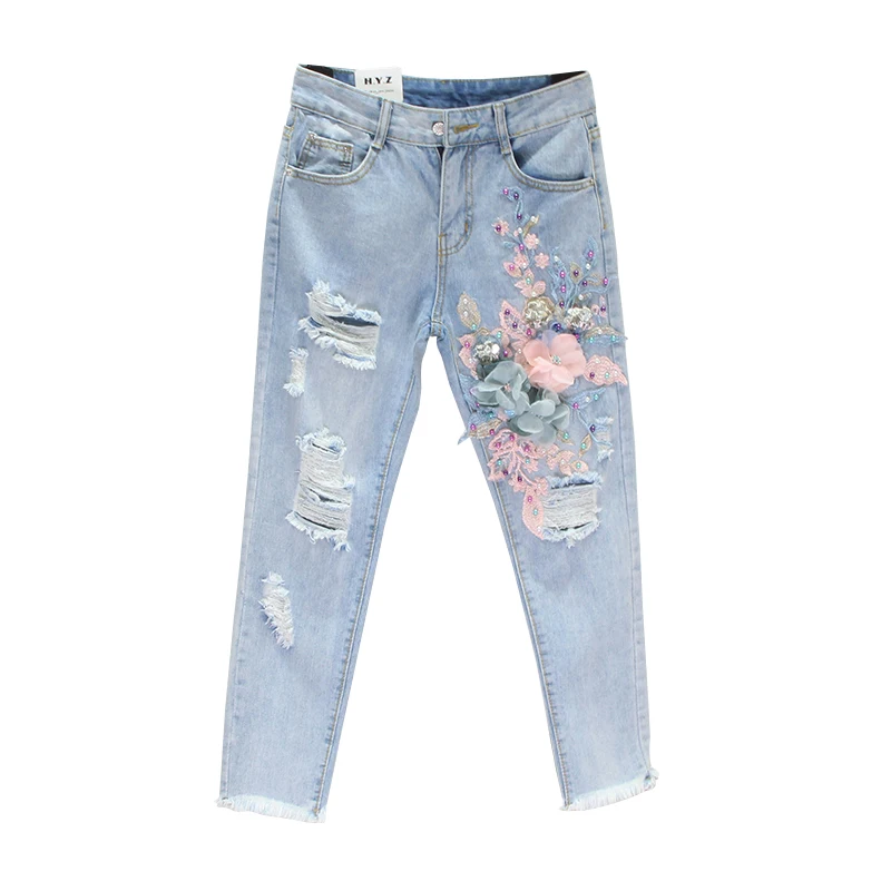 Роскошные новые рваные женские джинсы с цветами и блестками, средняя талия, сексуальные винтажные джинсы с дырками, женские облегающие повседневные свободные джинсовые брюки-карандаш