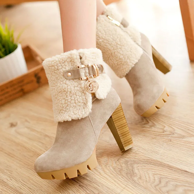 

Women Boots 2018 Winter Fashion Women Shoes Flock Women Boots Warm Plush Zip High Heels Platform Ankle Boots