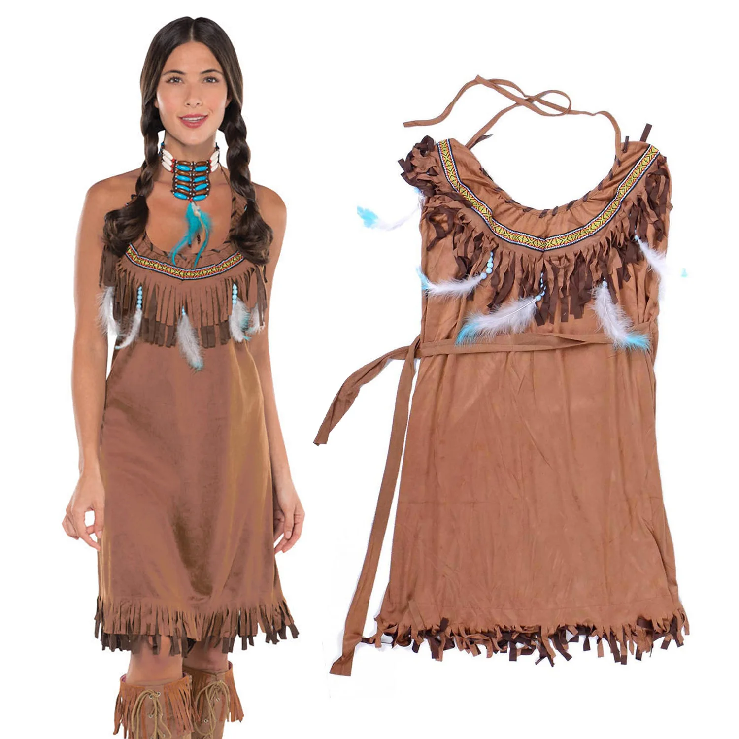Индийский костюм принцессы Pocahontas для девочек, наряд на Хэллоуин, подарок для взрослых и женщин, роскошное коричневое платье