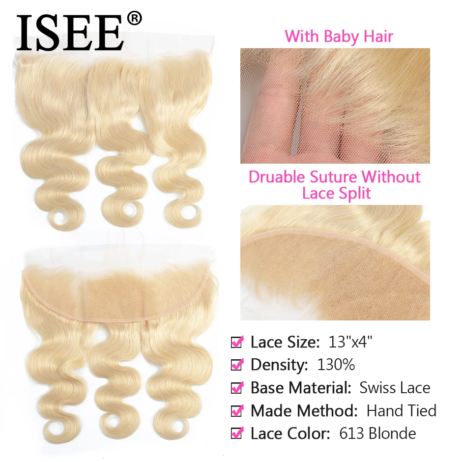 ISEE HAIR Body Wave 613 Bundles With Frontal Brazilian Hair Weave Bundles Virgin Human Hair Blonde With Closure