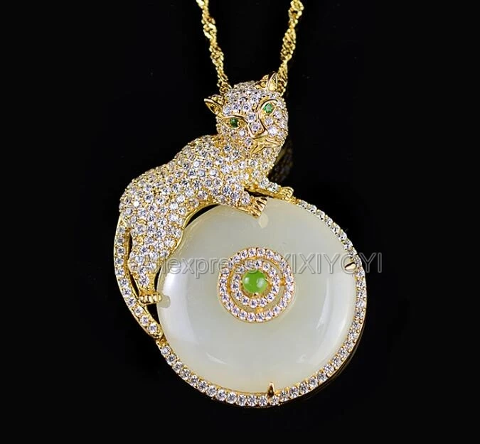 

925 Silve Gold Leopard Natural White HeTian Jade Inlay Round Buckle Design Lucky Pendant + Free Necklace Woman's Gift Jewelry