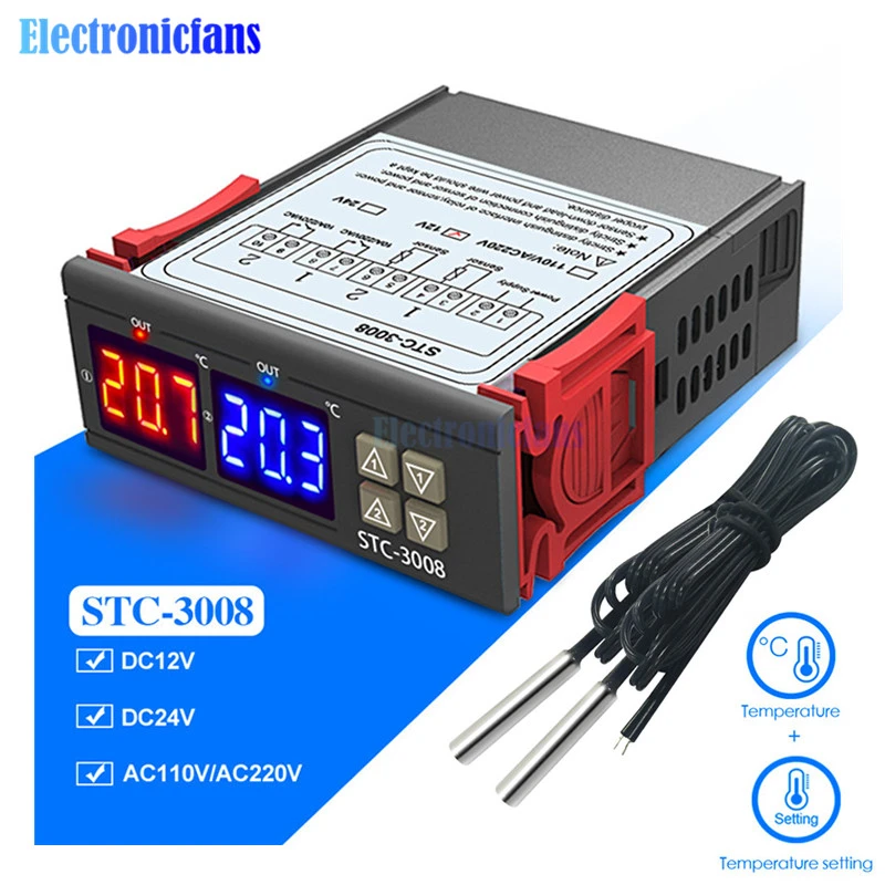 STC-3008 dc 12v 24v ac 110v 220vデュアルデジタル温度コントローラ 2 本当に出力サーモスタット温度調節とセンサー -  AliExpress Electronic Components  Supplies