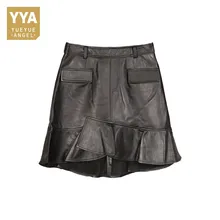 Женские сексуальные юбки, осень, новая мода, натуральная кожа, черный, с рюшами, карман, винтажные, элегантные, повседневные, из натуральной овчины, женские юбки