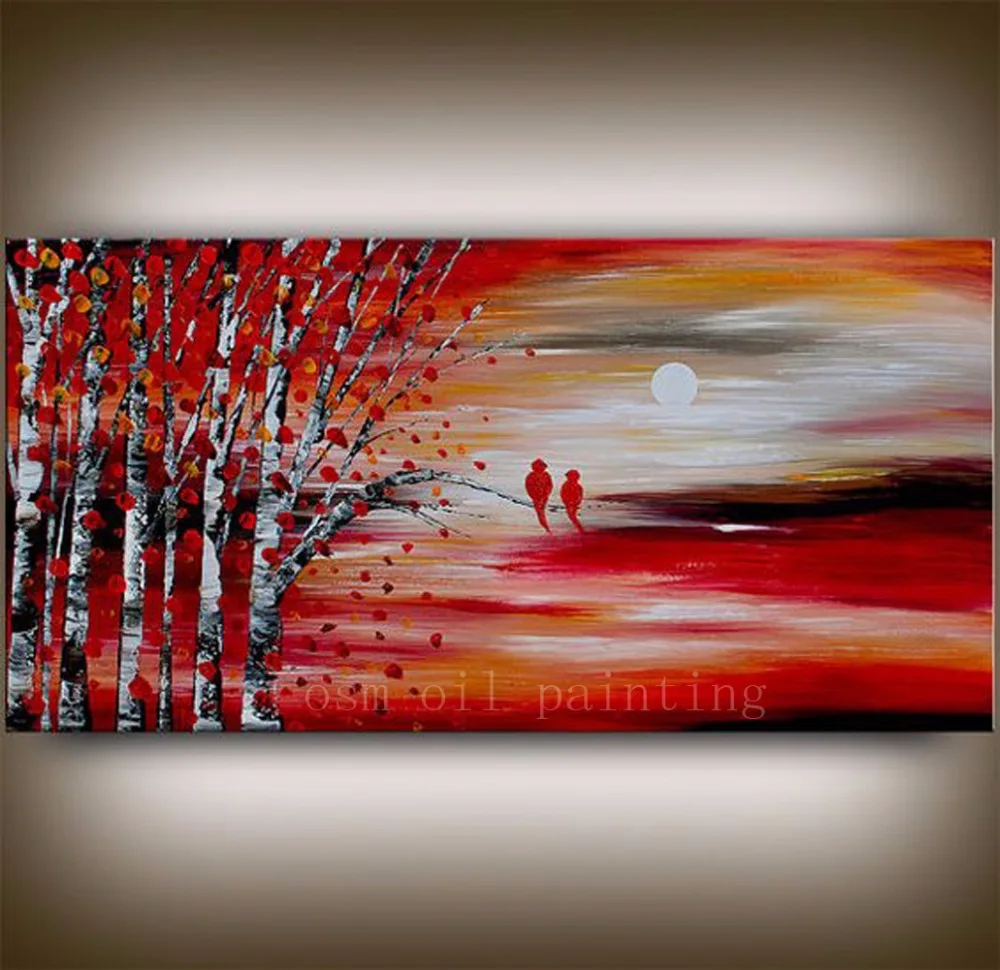 Tableau de coucher de soleil rouge peint à la main | Tableau abstrait fait  à la main, oiseaux rouges avoir un repos dans un couteau, peinture à  l'huile sur toile | AliExpress