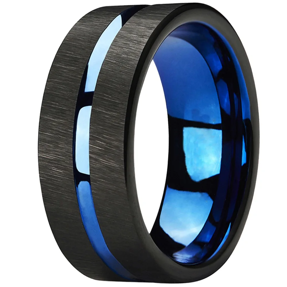 Mens Tungsten Rings 8mm Wedding Band Blue Center Groove