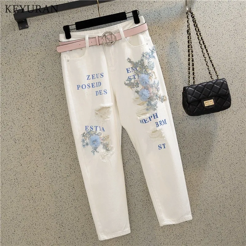 

Hot Sale Fashion Boyfriend Women's Ripped White Jeans Holes Loose Denim Pants for Woman 3D Flowers Letter Embroidery Harem Jeans