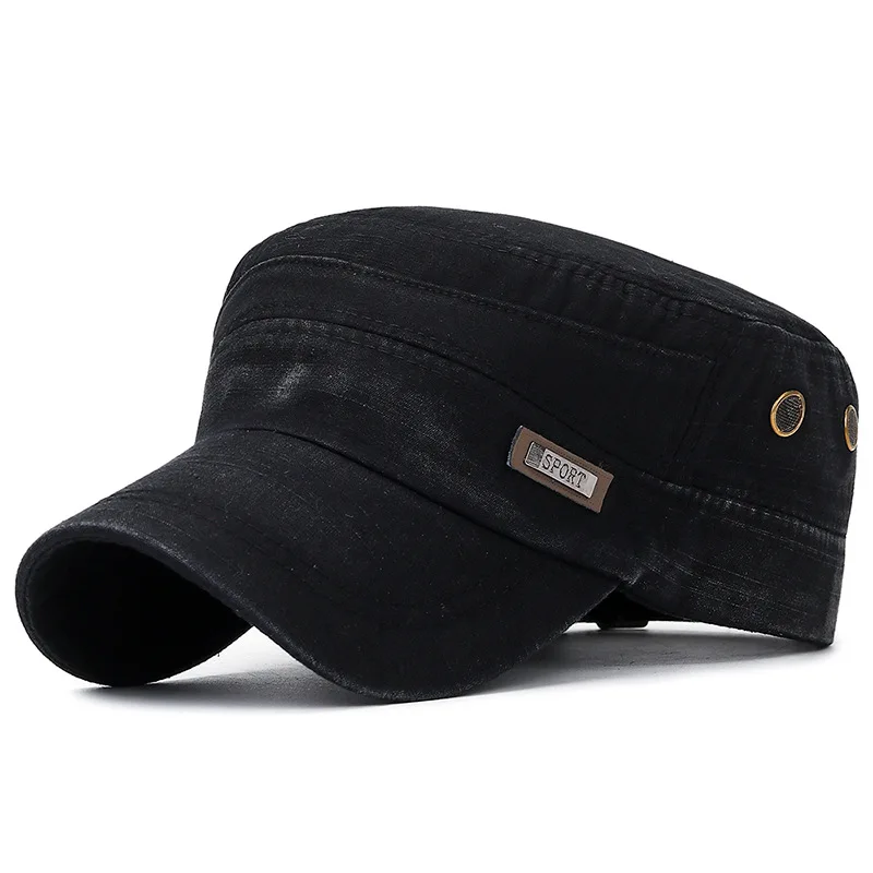 

Men's Flat Washed Military Hat with Slub texture Curved visor Badge Breathable mesh Adjustable Field Retro Cap Army Kepi Postman
