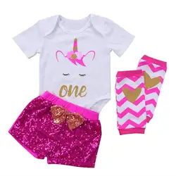 Летняя одежда для маленьких девочек комплект из 3 предметов, комбинезон с рисунком для маленьких девочек, топы + брюки с блестками Одежда