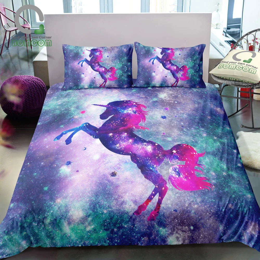 

BOMCOM 3D Digital Printing Unicorn Bedding Cosmic Unicorn Fantasy Stars Galaxy Bedding Set 100% Microfiber Rainbow Color
