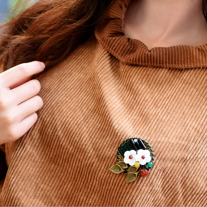 shell flower brooches for women natural black red stone broche vintage brooch pins ethnic jewelry  (5)