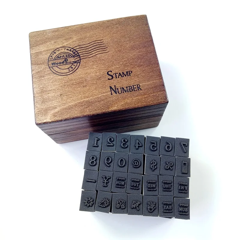 

28 Pcs/set Number Weather Week Wood Set Stamp Dairy Stamp Box Hand Writing Stamp With Case