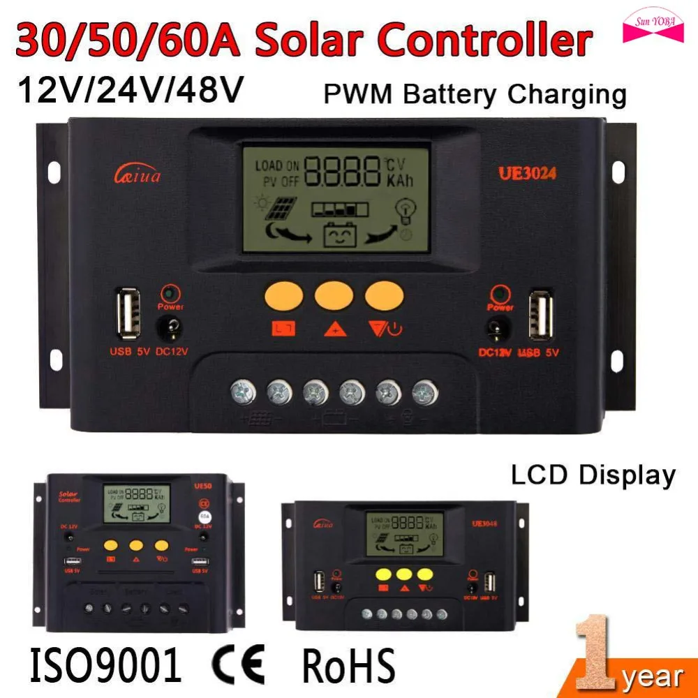 Контроллер солнечной батареи PWM 30A/50A/60A 12 В 24 48 ЖК дисплей USB 5 постоянного тока
