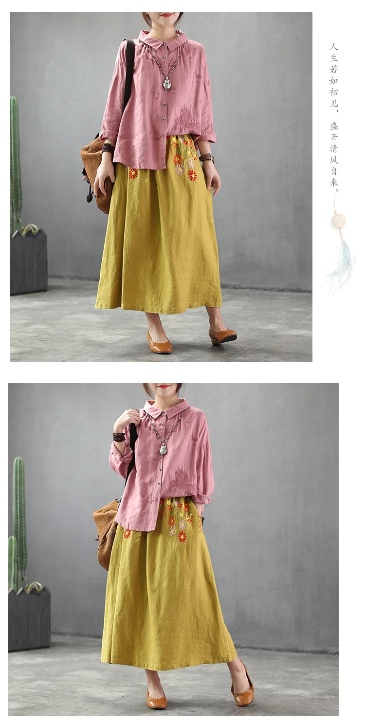 new autumn skirt leisure female elastic waist artistic embroidered skirts restoring ancient ways long cotton linen skirts