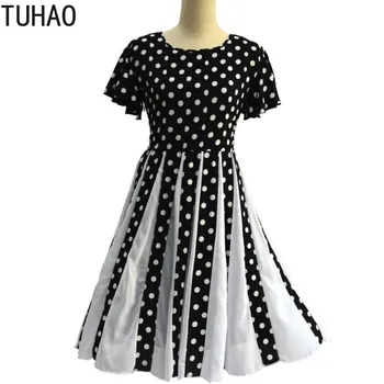 

TUHAO Woman Casual Dress Plus Size 7XL 6XL 5XL Dot Print Black White 50s Vintage Party Women's Dresses Office Lady Dress CMSZ