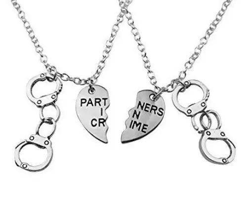 

Vintage Silver Handcuffs Partners in Crime Microphone Turtle STRONG IS Pentacle Skeleton Necklace Pendant For Women BFF Jewelry