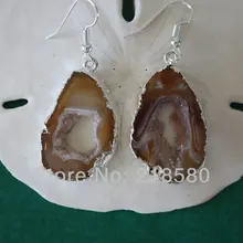H-QE05 5 пар/лот коричневый Агат срез жеоды друзы серьги посеребренные