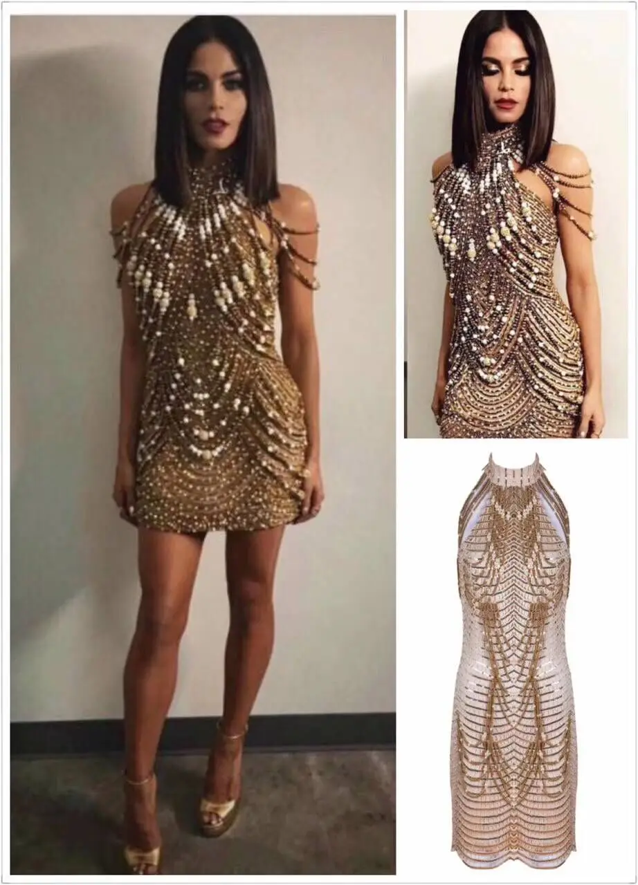 Top Quality Celebrity sleeveless Gold Stain Bodycon Dress Evening Party