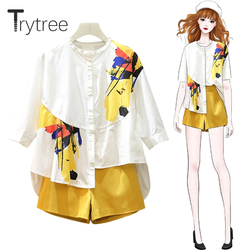 

Trytree Summer Women two piece Set Casual Print Single-breasted Tops + Shorts Elastic Waist Zipper Office Lady Suit 2 Piece Set