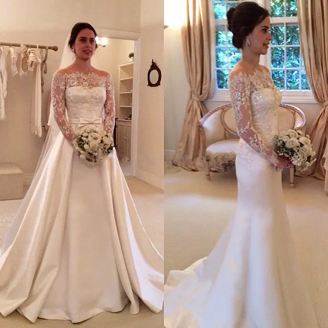 Off Satin bahu gaun pengantin Lengan renda rok dilepas 