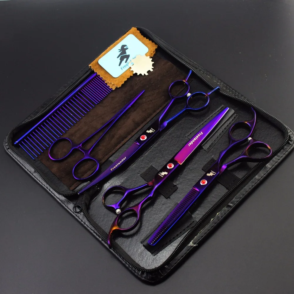 Японские Ножницы 7,0 дюйма с гальваническим покрытием фиолетового цвета, комплект из 3 предметов, парикмахерские ножницы для ухода за домашними животными, набор для ремонта кошачьей и собачьей шерсти