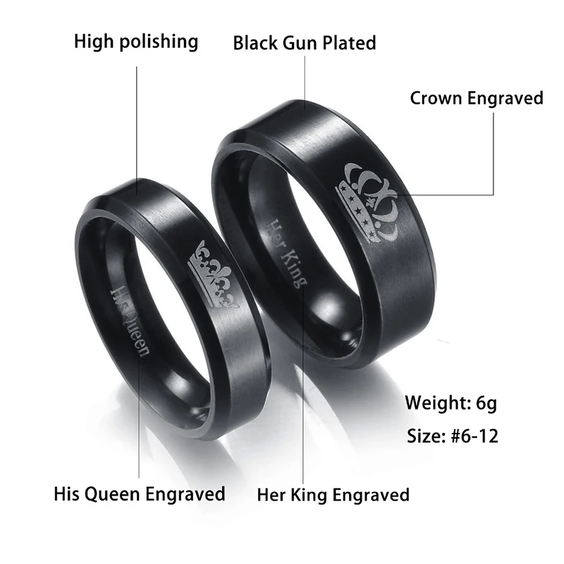 2018 Her King His Queen Crown Wedding Titanium Ring For Women Silver Black Rings For Men Engagement Ring Lover Couples Jewelry