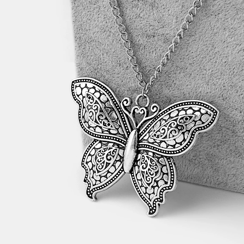 

1PCS Antique Retro Silver Tone Large Butterfly Charm Pendant Link Chain Necklace Lagenlook