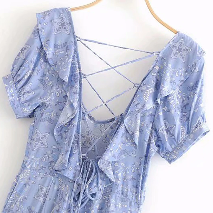 TEELYNN Blue Boho dress rayon Floral print Sexy back hollow dresses Hippie short summer Dresses chic mini beach women Dress 2018