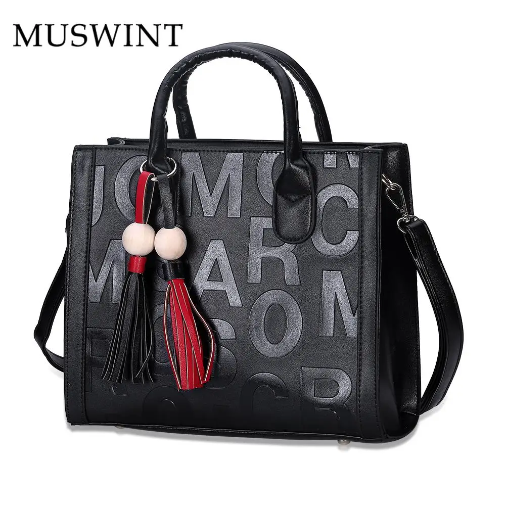 

MUSWINT Women Real Split Leather Letter Print Handbags Big Capacity Women Shoulder Bags High Quality Female Handbag M002