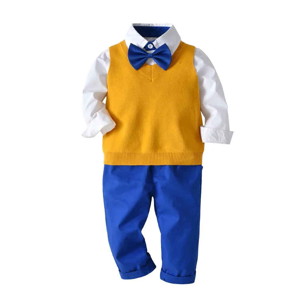 Kimocat/Детский комплект со свитером, трикотажная одежда, жилет галстук-бабочка для мальчиков, свитер, жилет+ рубашка+ штаны, комплект из 3 предметов, кардиган, Джентльменский жилет