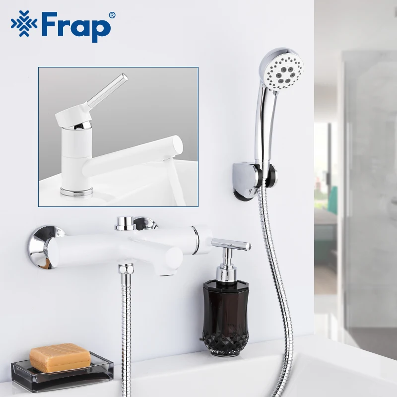 

Frap High Quality White Bathroom Shower Faucets Set Bathtub Faucet Mixer Tap With Basin Taps Sink Water Faucet grifo ducha