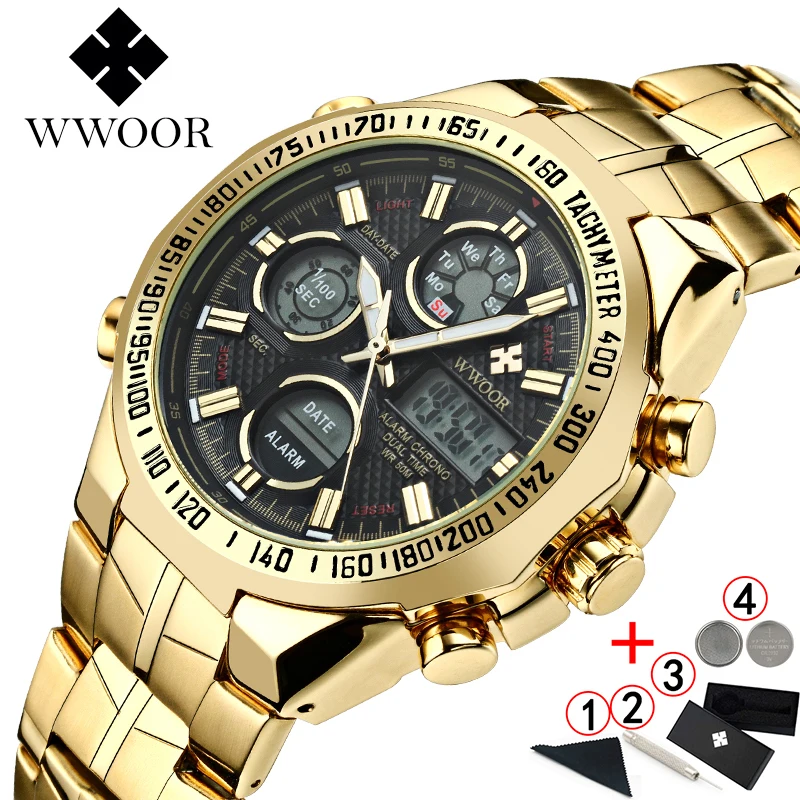 WWOOR Relogio Masculino цифровые светодиодные золотые часы для мужчин Топ бренд класса люкс
