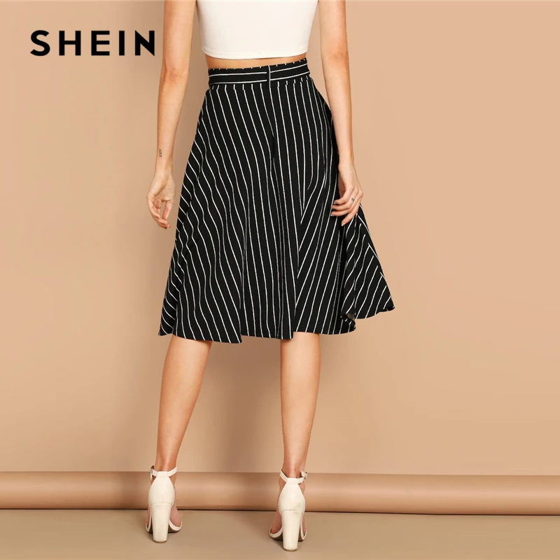 SHEIN Юбка В Полоску С Высокой Талией Женская Черная Летняя Богемная Миди