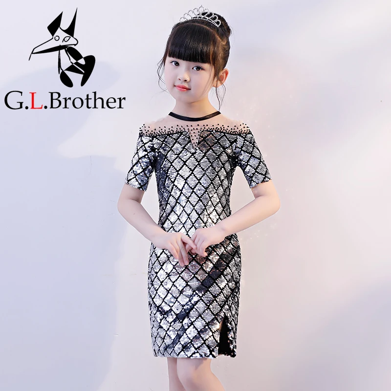 

Silver Sequined Girls Party Dress Kids Pageant Dress For Birthday Costume Hollow Out Princess Girl Short Formal Dresses B163