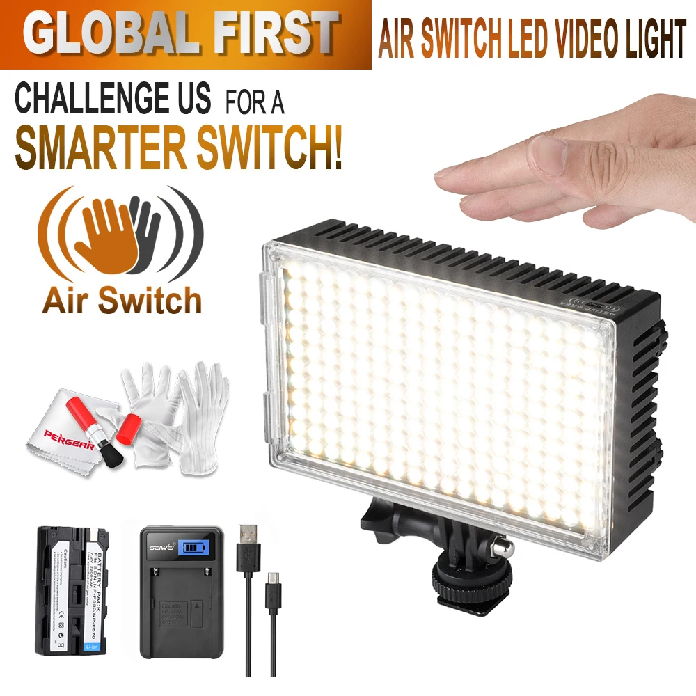 

Pergear 216 LED Video Light Air Switch Sensor Light On Camera Photo Light Dimmable 3200K-5500K Luz LED DSLR+ Battery + Charger