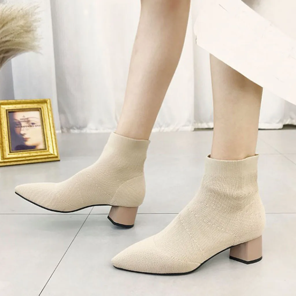 

Women Ladies Fashion Pointed Toe Square Heel Knittined Boots Casual Shoes #XTN