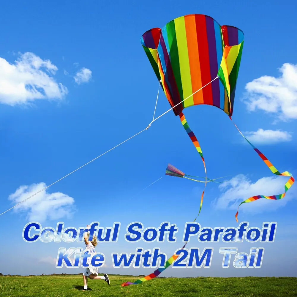 

High quality Colorful Parafoil Kite with 200cm Tails 30m Flying Line Outdoor Soft Fly Kite Toy for Kids outdoor sports gift
